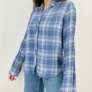 rails sky blue linen blend plaid button down top flowy frayed hem sleeve size s